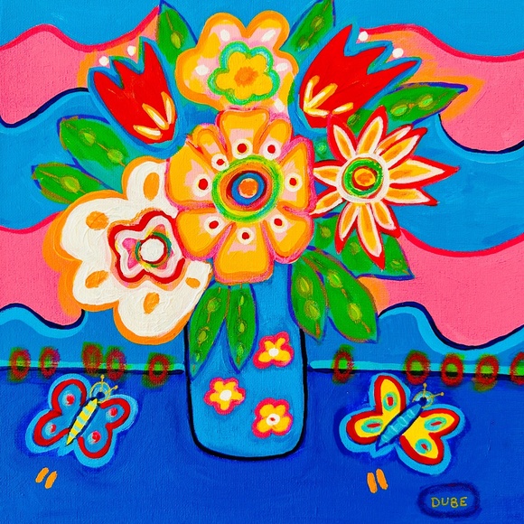 Original Painting Collectible Flowers Butterflies 12"x12" One of a Kind - Picture 1 of 3